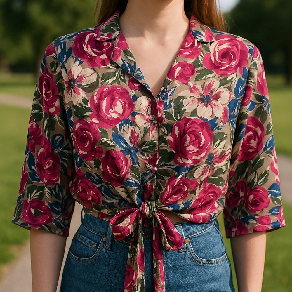 VTG Mondi Floral Tie Front Blouse Top Medium Germany Bold Rose Print Cropped 80s